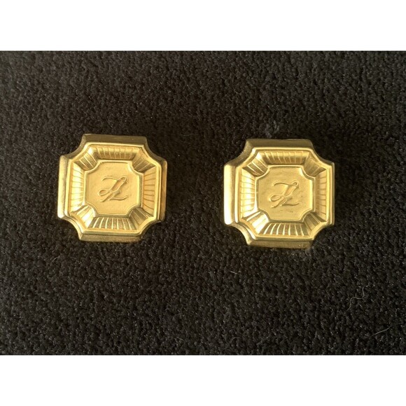 Karl Lagerfeld Signed Goldtone Clip On Square Earrings with KL Logo Vintage - Picture 3 of 7